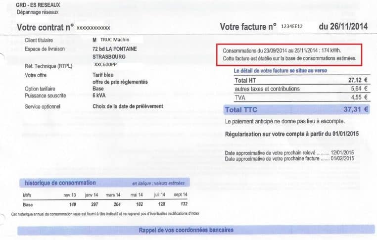 facture d’électricité française posée sur une table, texte partiellement lisible