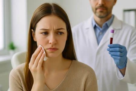 Jeune femme tenant un mouchoir contre sa gencive dans un cabinet médical, médecin en arrière-plan avec un échantillon de sang, évocation d’un problème sanguin sous-jacent.
