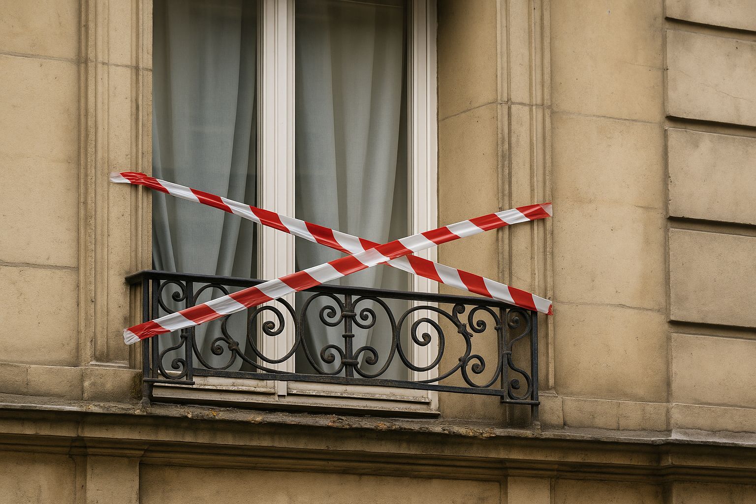 Fenêtre d’immeuble ancien avec garde-corps en fer forgé barré par un ruban de sécurité rouge et blanc, évoquant un danger et un défaut d’entretien.