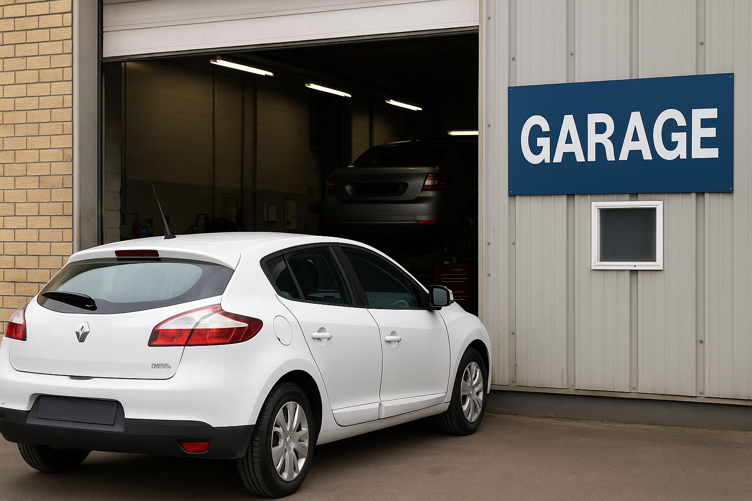 Voiture diesel de type compacte garée devant un garage, prête pour un entretien préventif de la vanne EGR et du filtre à particules