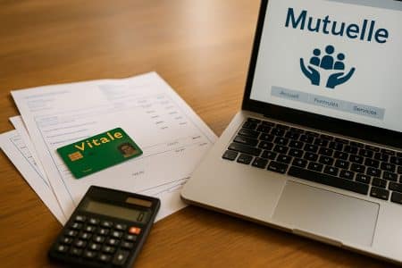 carte Vitale, factures médicales et ordinateur ouvert sur une page de mutuelle, avec une calculatrice au premier plan, illustrant la hausse des complémentaires en 2026