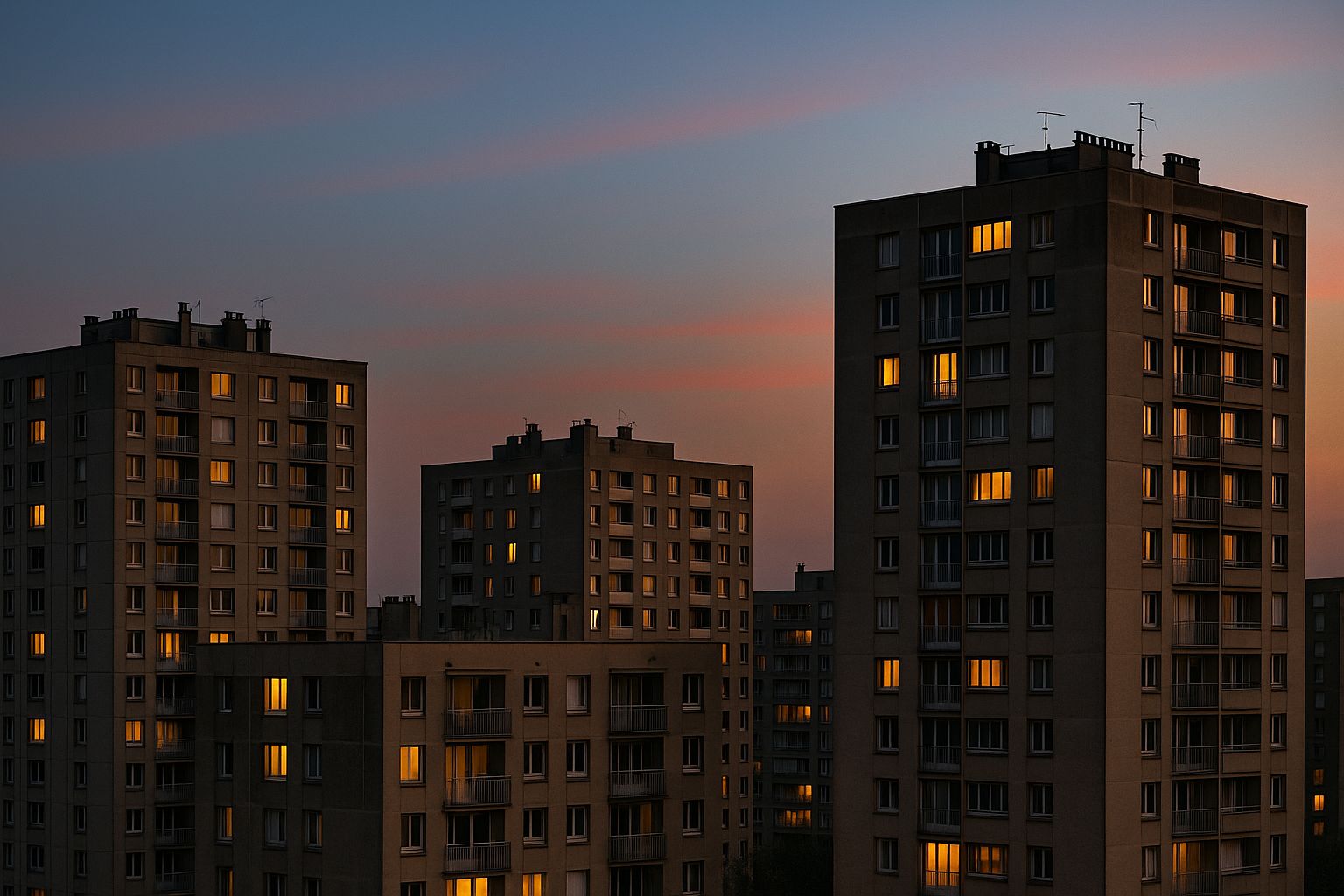 Façades de plusieurs immeubles HLM au crépuscule, fenêtres éclairées et ciel dégradé bleu-orangé.