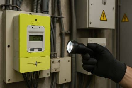 Compteur Linky inspecté par un technicien dans un local électrique d’entreprise, éclairé à la lampe, cadrage horizontal