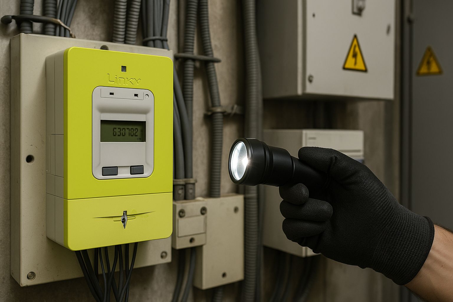 Compteur Linky inspecté par un technicien dans un local électrique d’entreprise, éclairé à la lampe, cadrage horizontal
