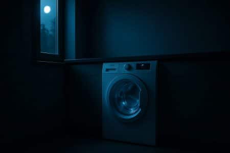 Machine à laver frontale tournant doucement dans une buanderie sombre, halo bleuté et clair de lune entrant par la fenêtre, évoquant un cycle programmé en heures creuses en 2025.