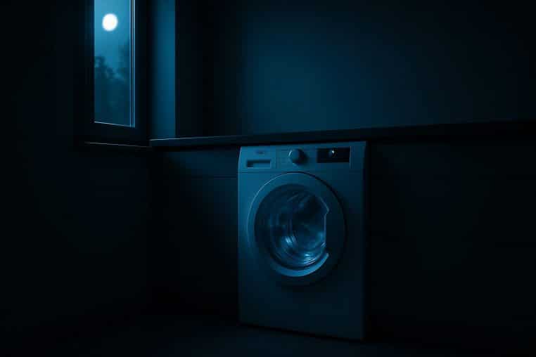 Machine à laver frontale tournant doucement dans une buanderie sombre, halo bleuté et clair de lune entrant par la fenêtre, évoquant un cycle programmé en heures creuses en 2025.