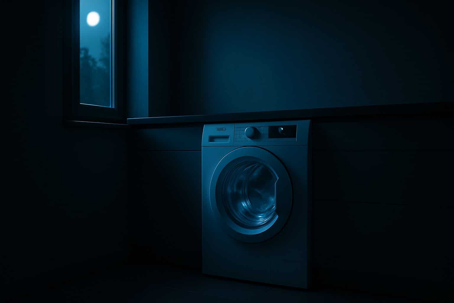 Machine à laver frontale tournant doucement dans une buanderie sombre, halo bleuté et clair de lune entrant par la fenêtre, évoquant un cycle programmé en heures creuses en 2025.