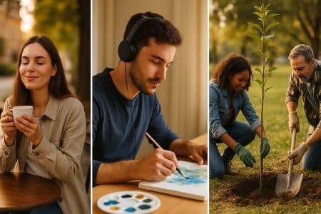 Trois scènes en une image : une femme savoure un café au soleil, un homme concentré peint en état de flow, et deux bénévoles plantent un jeune arbre dans un parc, illustrant vie plaisante, vie engagée et vie pleine de sens.