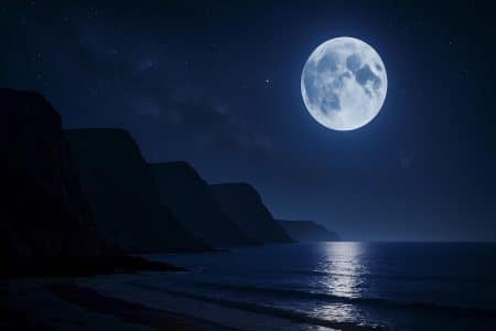 Lune pleine se levant derrière des falaises côtières, reflet argenté sur une mer calme sous un ciel étoilé