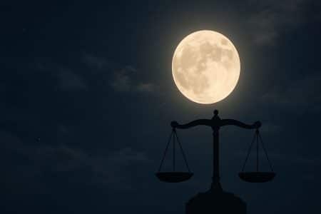 Pleine Lune d’octobre au-dessus d’un ciel nocturne, des plateaux de balance en silhouette évoquent l’équilibre à retrouver.
