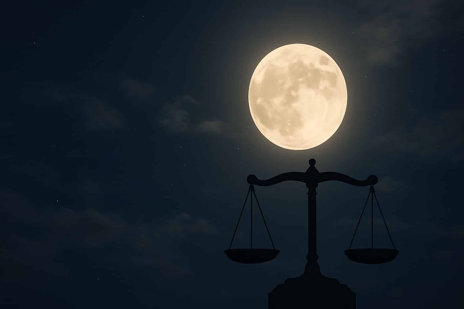Pleine Lune d’octobre au-dessus d’un ciel nocturne, des plateaux de balance en silhouette évoquent l’équilibre à retrouver.