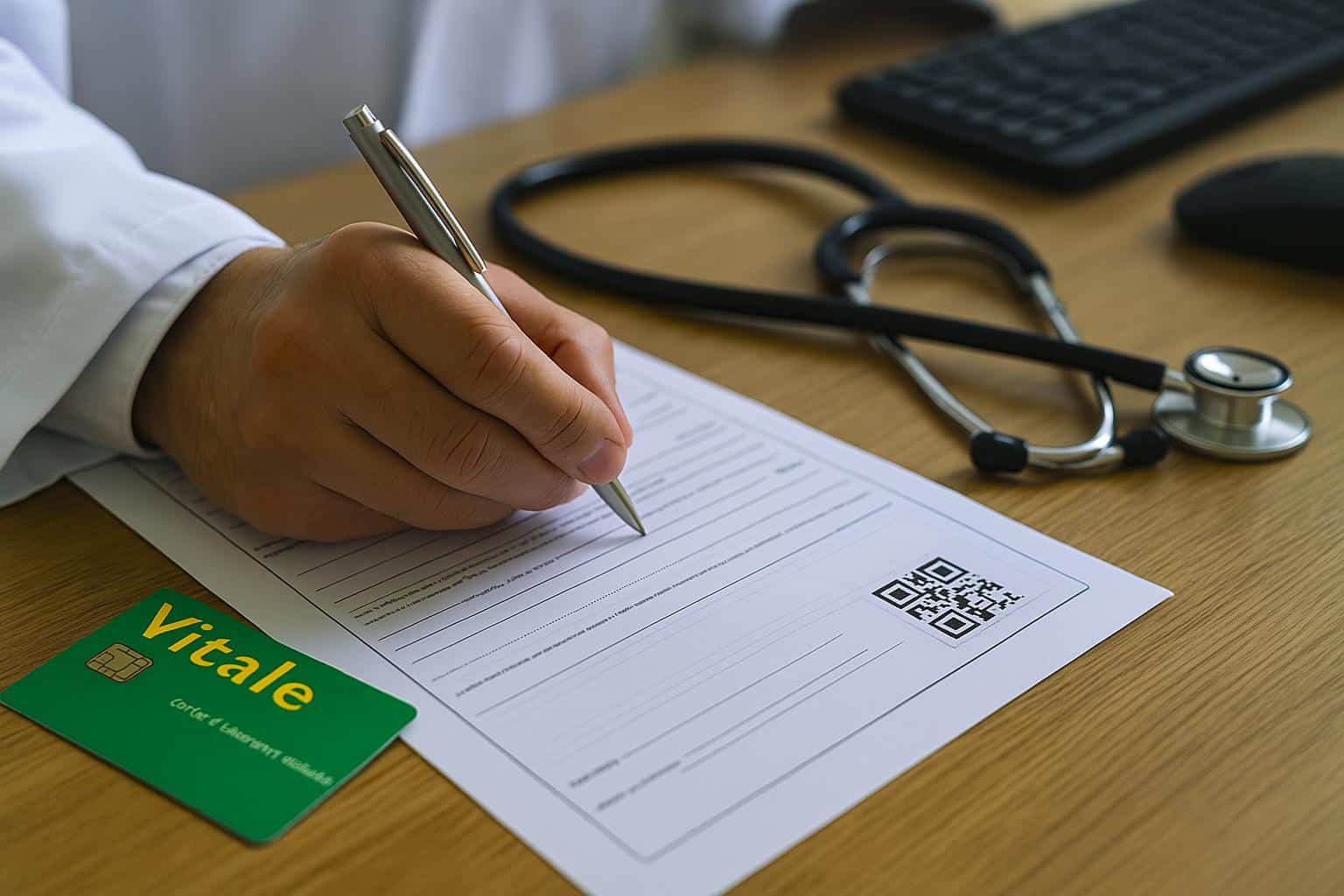 Nouveau formulaire d’arrêt de travail avec QR code posé sur un bureau médical, à côté d’une carte Vitale, pendant qu’un médecin le remplit.