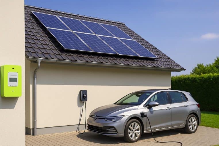 Maison équipée de panneaux solaires avec compteur Linky en façade et voiture électrique en charge à midi, illustrant le passage des heures creuses en journée.