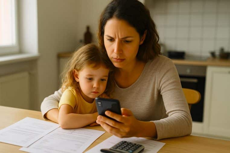 Mère célibataire et sa petite fille consultent un smartphone à la table de la cuisine, factures et calculatrice posées, lumière naturelle du matin.