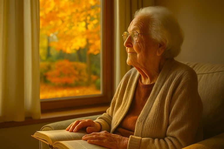 Femme centenaire assise près d’une fenêtre, regardant un jardin aux couleurs d’automne dans une lumière dorée de fin d’après-midi