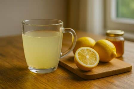 Verre d’eau tiède au jus de citron sur une table en bois baignée de lumière du matin, avec citrons frais coupés sur une planche.