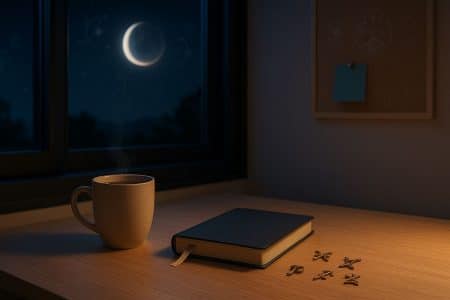 Bureau nocturne avec tasse fumante et carnet, lune presque éclipsée visible par la fenêtre, quatre symboles du zodiaque en laiton sur la table.