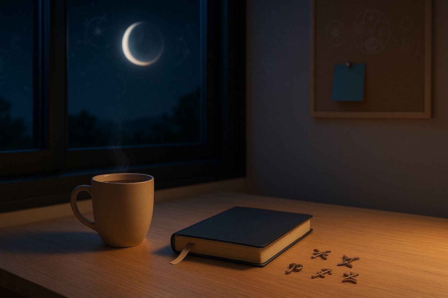 Bureau nocturne avec tasse fumante et carnet, lune presque éclipsée visible par la fenêtre, quatre symboles du zodiaque en laiton sur la table.