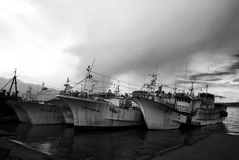file de bateaux de pêche au thon amarrés dans un port de Papouasie-Nouvelle-Guinée