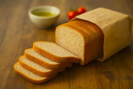 Pain de mie complet bio tranché sur une table en bois, mie régulière et croûte dorée, ambiance cuisine lumineuse.