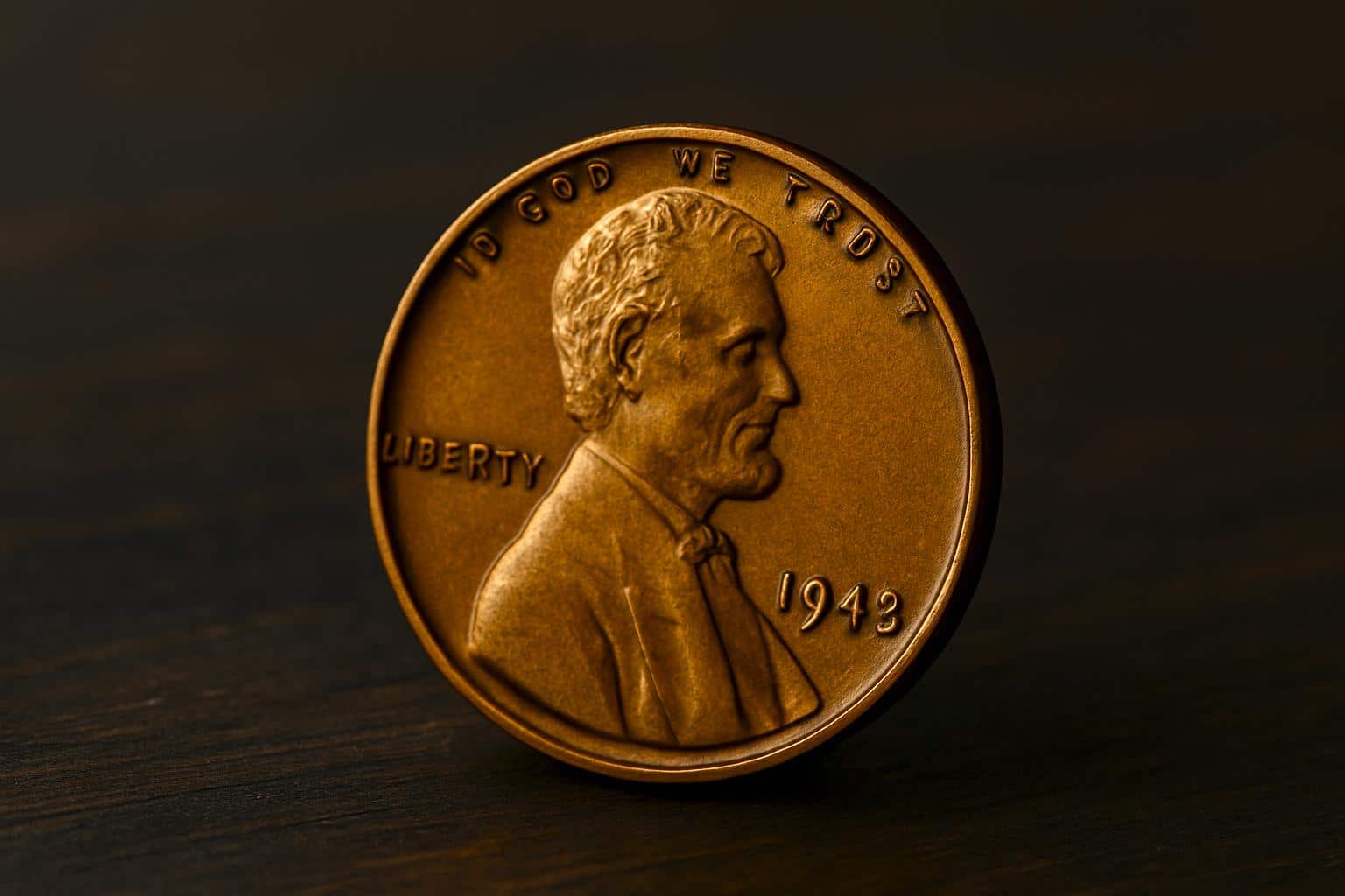 Macro horizontale d’un centime Lincoln 1943 en cuivre (erreur de frappe), posé sur un bois sombre, lumière rasante et arrière-plan flou.