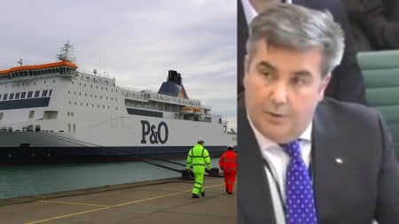 Montage montrant un ferry P&O accosté au port et Peter Hebblethwaite lors d’une audition parlementaire.