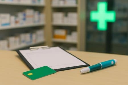 Formulaire posé sur le comptoir d’une pharmacie, à côté d’une carte verte de type carte Vitale et d’un stylo injecteur GLP-1, avec une croix verte floutée en arrière-plan.
