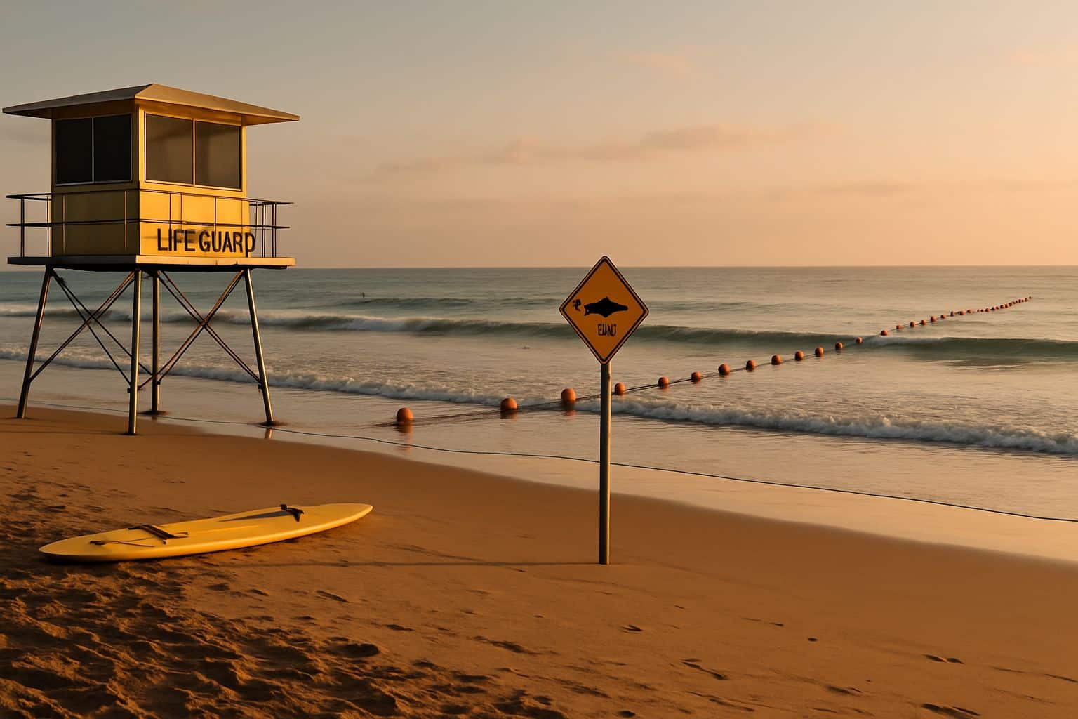Plage de Sydney à l’aube avec filet anti-requin matérialisé par une ligne de bouées, tour de sauveteurs et planche de surf posée sur le sable.