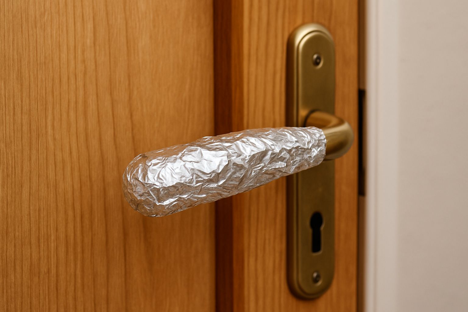 Poignée de porte en laiton enveloppée de papier aluminium, gros plan, sur une porte en bois clair, pour illustrer une astuce de dissuasion simple et visible contre les intrusions.