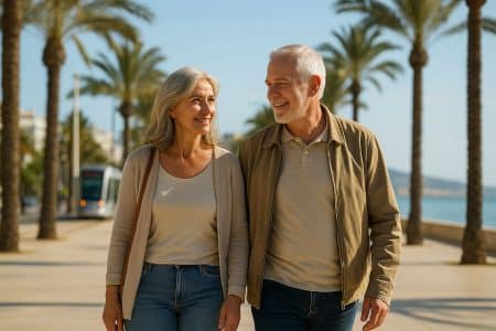 Couple de jeunes retraités se promenant sur une promenade maritime bordée de palmiers par grand soleil, avec la mer et un tramway en arrière-plan.