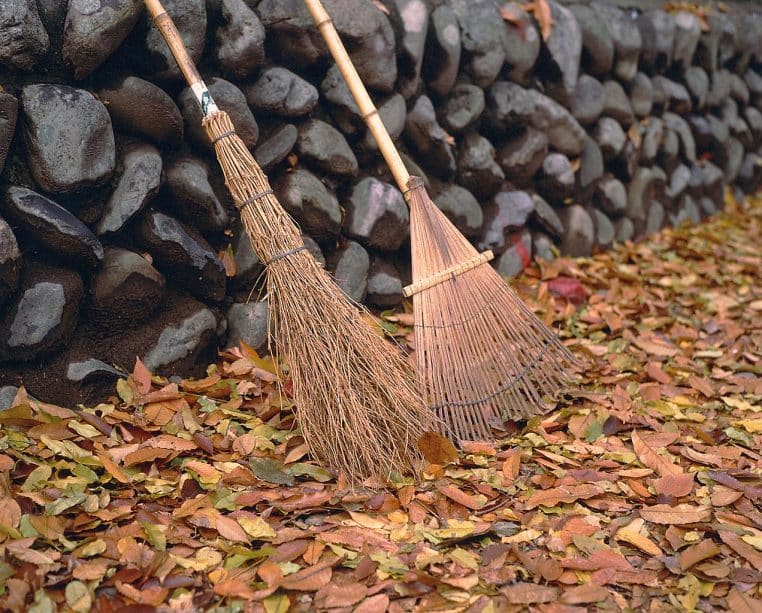 Balai de sorgho et râteau à feuilles côte à côte