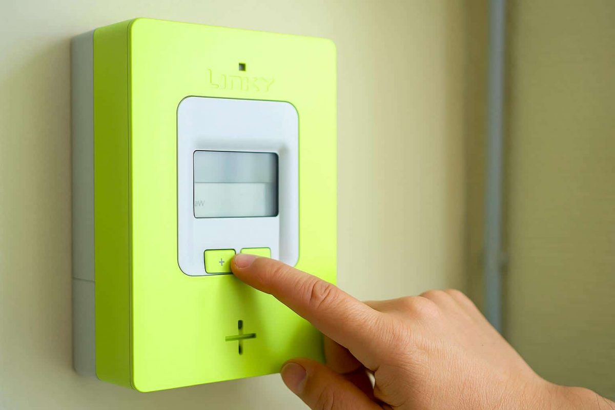 Main appuyant sur le bouton « + » d’un compteur Linky pour afficher la puissance souscrite, gros plan en lumière naturelle, fond légèrement flou.