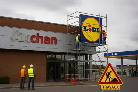 Ouvriers installant l’enseigne Lidl sur la façade d’un ancien supermarché Auchan en cours de transformation, avec une station-service attenante sous ciel gris.