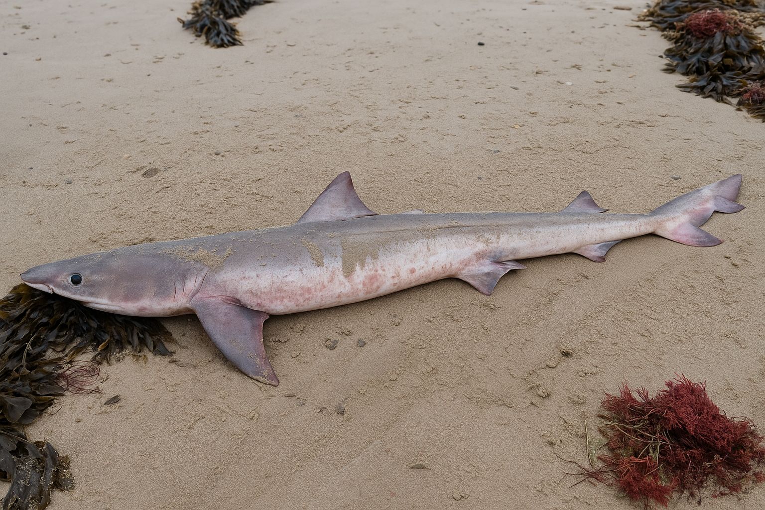 Requin échoué partiellement recouvert de sable, allongé sur la plage humide avec des algues éparses.