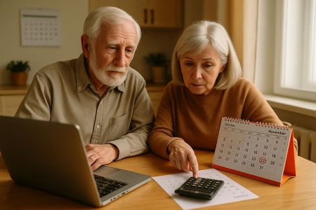 Couple de retraités vérifiant leurs comptes à la table de la cuisine, avec un calendrier d’octobre et novembre posé à côté de la calculatrice.