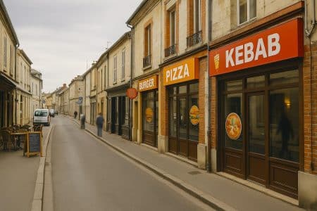 Rue principale d’une petite ville de l’Aisne bordée de plusieurs enseignes de restauration rapide, face à un bistrot traditionnel, en fin de matinée.