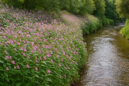 Balsamine de l’Himalaya colonisant une berge : tapis rose-violet dense le long d’un ruisseau, la végétation locale disparaît.