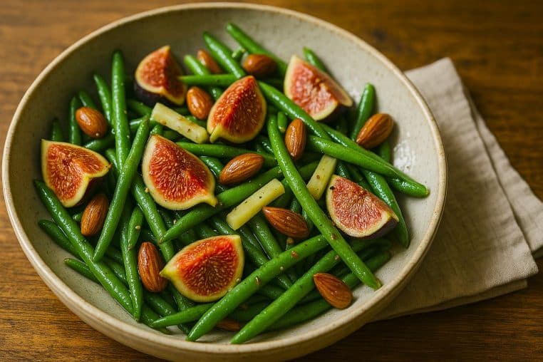 Salade de haricots verts croquants aux figues fraîches, tomme de brebis en bâtonnets et amandes dorées, nappée d’une vinaigrette miel-balsamique, servie dans un grand bol en céramique sur table en bois.
