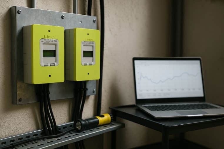 Deux compteurs Linky dans un local technique d’entreprise avec un ordinateur affichant une courbe de charge