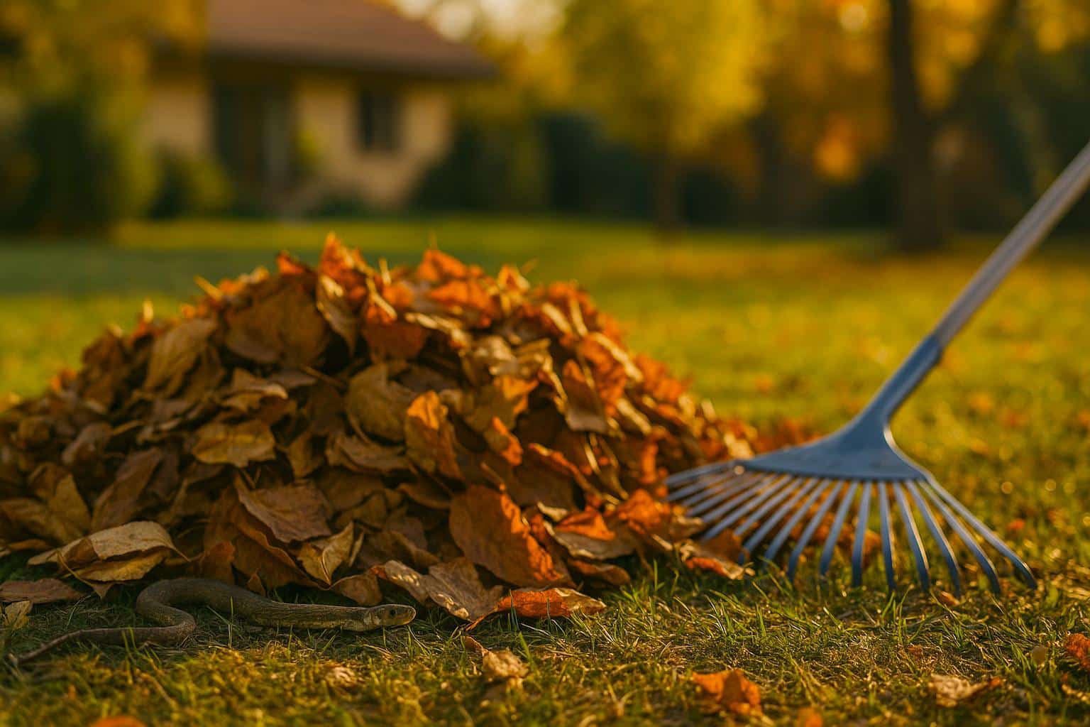 Serpent discret sortant d’un tas de feuilles mortes, près d’un râteau, dans un jardin au soleil couchant.