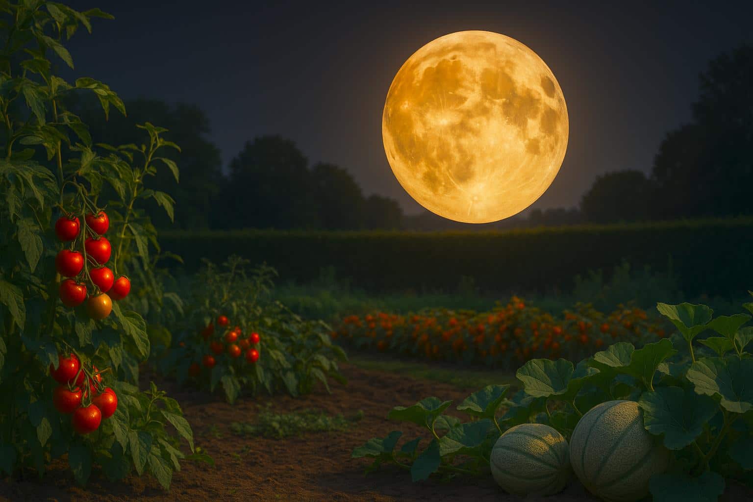 Pleine « lune de maïs » se levant au-dessus d’un potager de fin d’été en France, tomates et melons au premier plan, haies taillées, ciel crépusculaire.