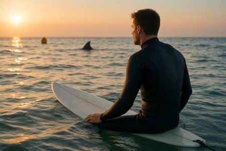 Surfeur en combinaison anti-morsures au lever du soleil, assis sur sa planche près d’une bouée, avec un aileron de requin lointain à l’arrière-plan.
