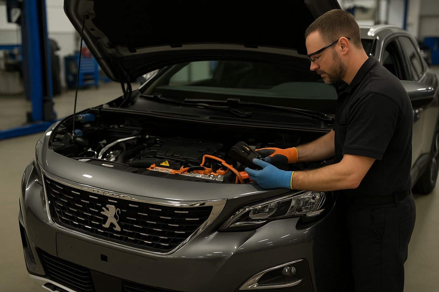 Technicien en atelier contrôlant la batterie haute tension d’un SUV Peugeot, capot ouvert, câbles orange visibles et gants de sécurité.