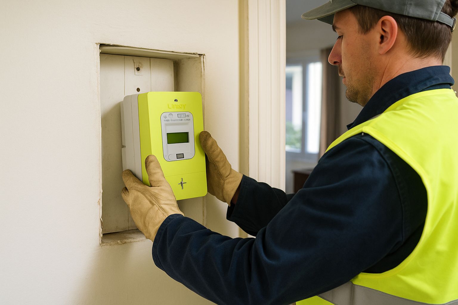 technicien en gilet haute visibilité qui désinstalle un compteur Linky encastré dans un mur, dans un intérieur lumineux.