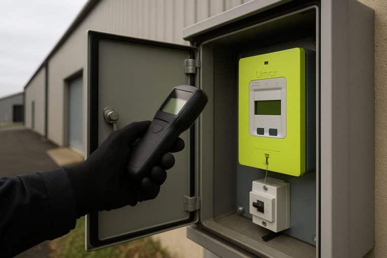 Technicien scannant un compteur Linky dans une armoire électrique extérieure d’entreprise, lumière naturelle