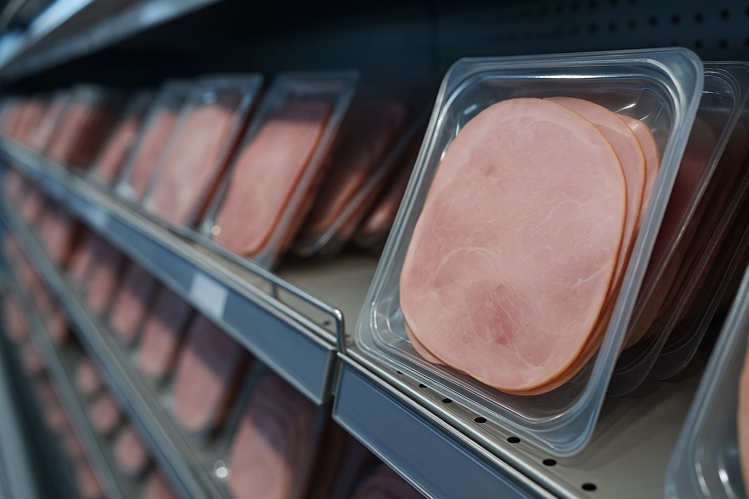 Rayonnage réfrigéré de supermarché avec barquettes de jambon cuit sous vide ; au premier plan, des tranches légèrement rosées visibles à travers le film, arrière-plan flou.