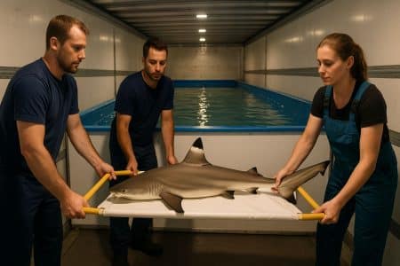 Soigneurs transportant un requin à pointes noires sur un brancard dans un camion-piscine avant son installation à Nausicaá.