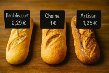 Trois baguettes alignées sur une planche en bois, chacune avec une étiquette ardoise indiquant son origine — hard discount 0,29 €, chaîne 1 € et artisan 1,25 €.