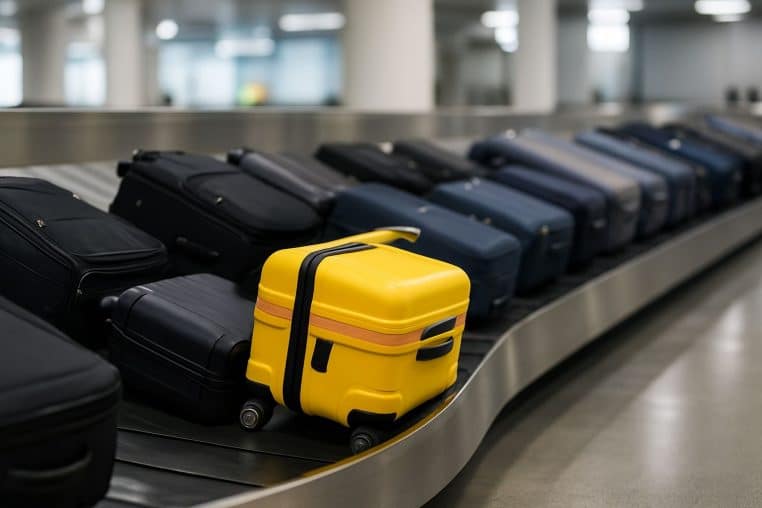 Carrousel d’aéroport rempli de valises sombres ; une valise jaune avec sangle ressort nettement au premier plan