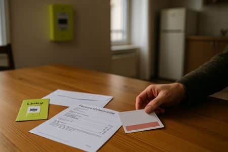 Main déposant un chèque énergie à côté d’une facture d’électricité sur une table en bois, intérieur d’un appartement en France, lumière naturelle.